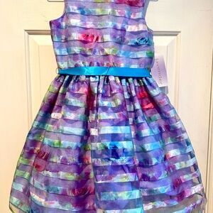 NWT Size 8 Lavender Brand Aqua & Purple Striped Floral Party Dress with Sash